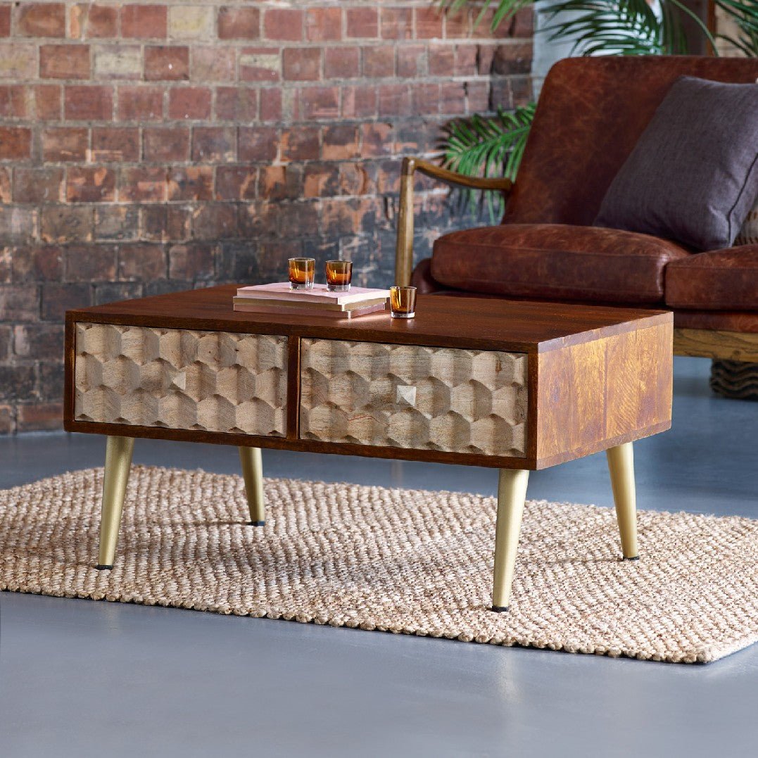 Edison 2 Drawer Coffee Table with Gold Legs - Indian Hub
