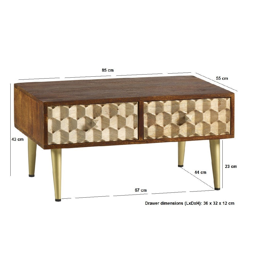 Edison 2 Drawer Coffee Table with Gold Legs - Indian Hub