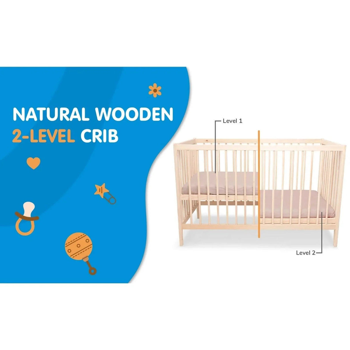 Ella Wooden Cot 120 x 60cm with Adjustable Levels - Swish Furniture