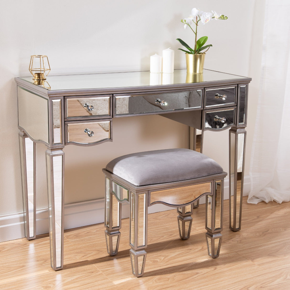 Elysee Mirrored Glass 5 Drawer Dressing Table - Birlea
