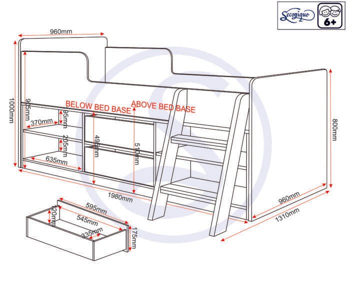 Felix 3ft Low Sleeper Bed with Storage & Ladder - Seconique