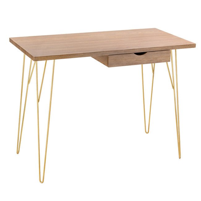 Fusion Light Wood 1 Drawer Desk with Gold Hairpin Legs - LPD