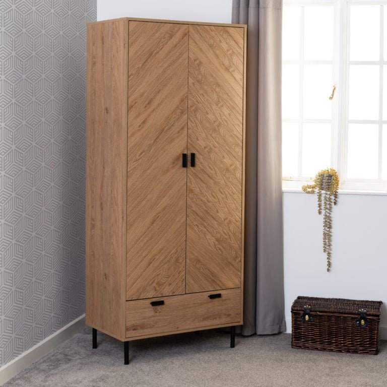 Leon Herringbone Retro 2 Door 1 Drawer Wardrobe - Seconique