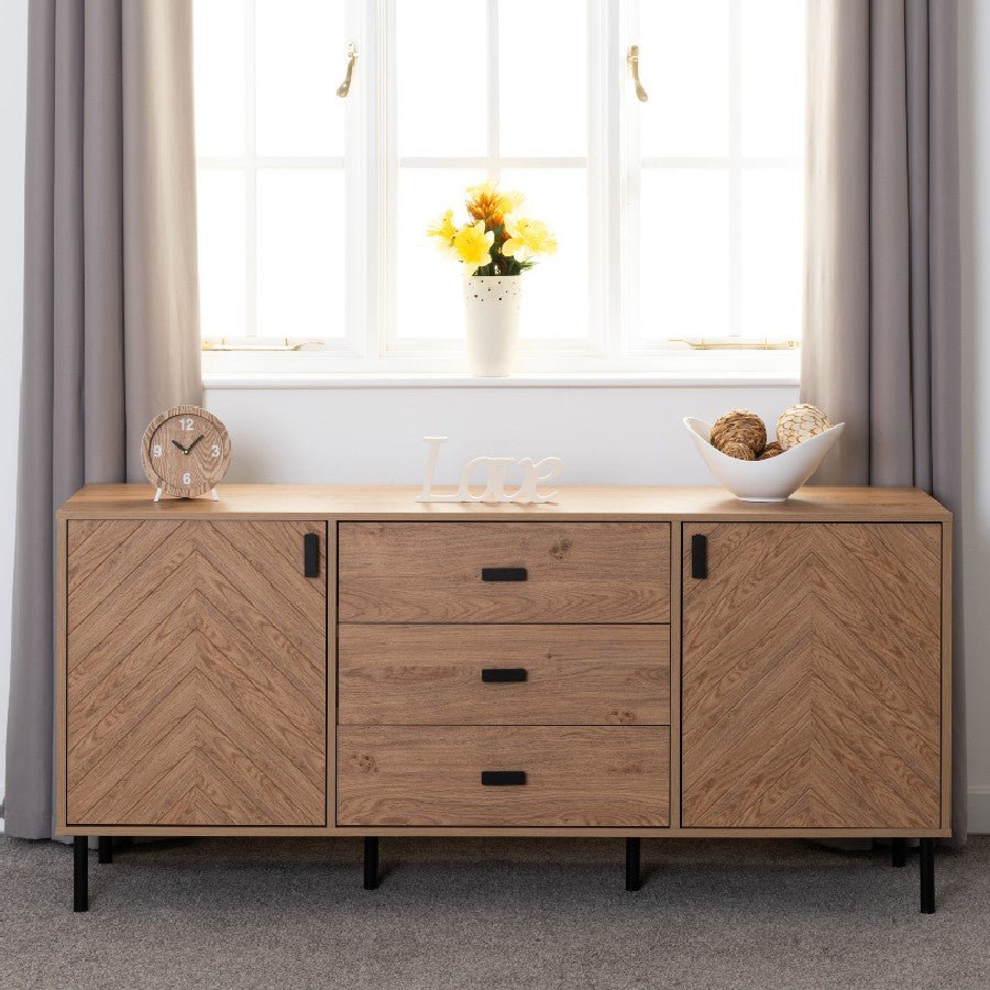 Leon Herringbone Retro 2 Door 3 Drawer Sideboard - Seconique