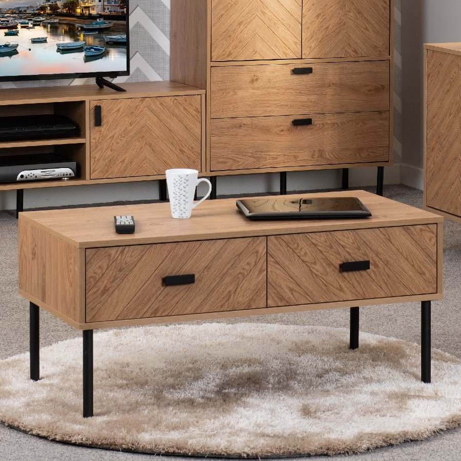 Leon Herringbone Retro 2 Drawer Coffee Table - Seconique