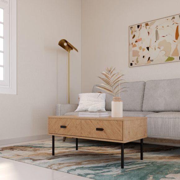 Leon Herringbone Retro 2 Drawer Coffee Table - Seconique