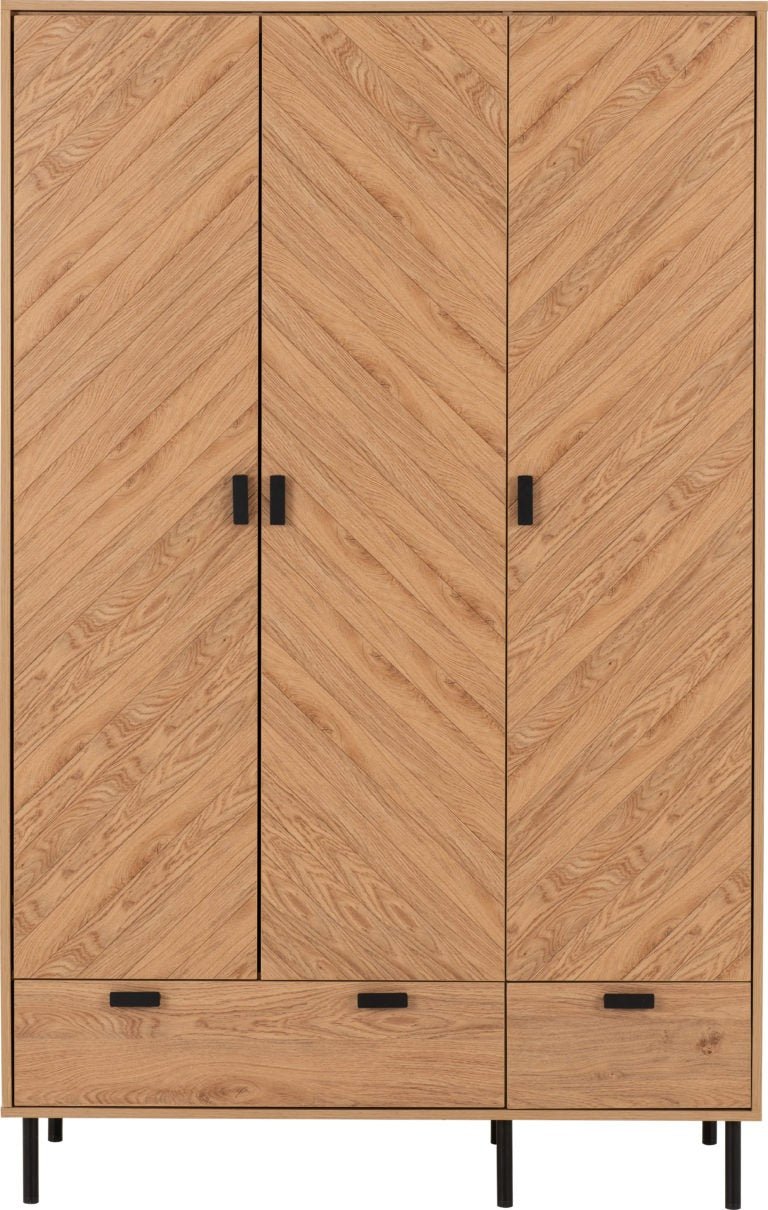 Leon Herringbone Retro 3 Door 2 Drawer Wardrobe - Seconique