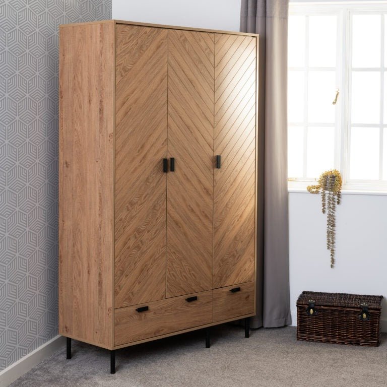 Leon Herringbone Retro 3 Door 2 Drawer Wardrobe - Seconique