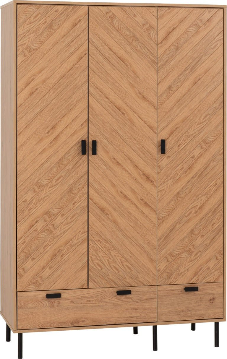 Leon Herringbone Retro 3 Door 2 Drawer Wardrobe - Seconique