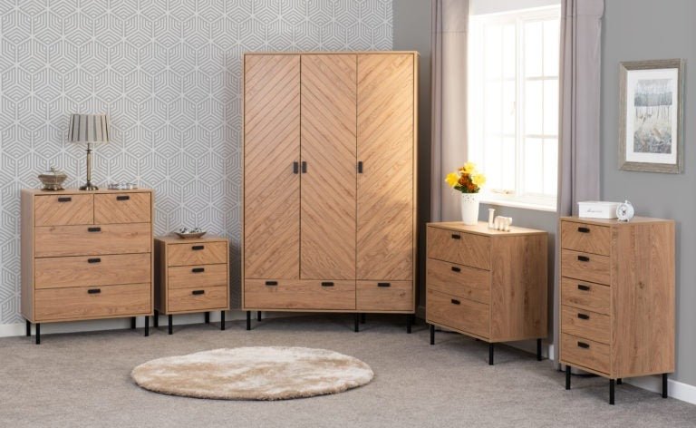 Leon Herringbone Retro 3 Door 2 Drawer Wardrobe - Seconique