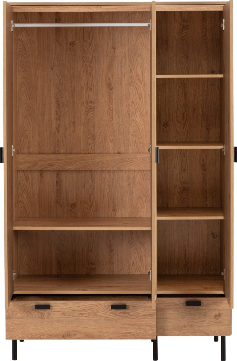 Leon Herringbone Retro 3 Door 2 Drawer Wardrobe - Seconique