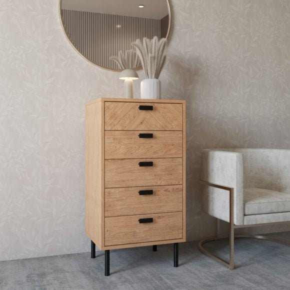 Leon Herringbone Retro 5 Drawer Narrow Chest - Seconique