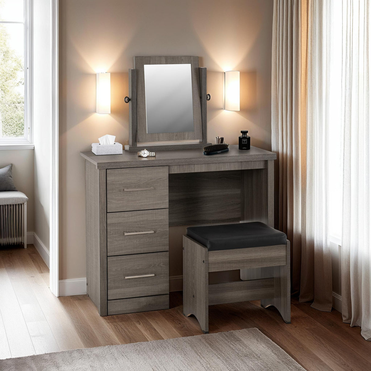Lisbon 3 Drawer Dressing Table and Stool with Mirror - Seconique