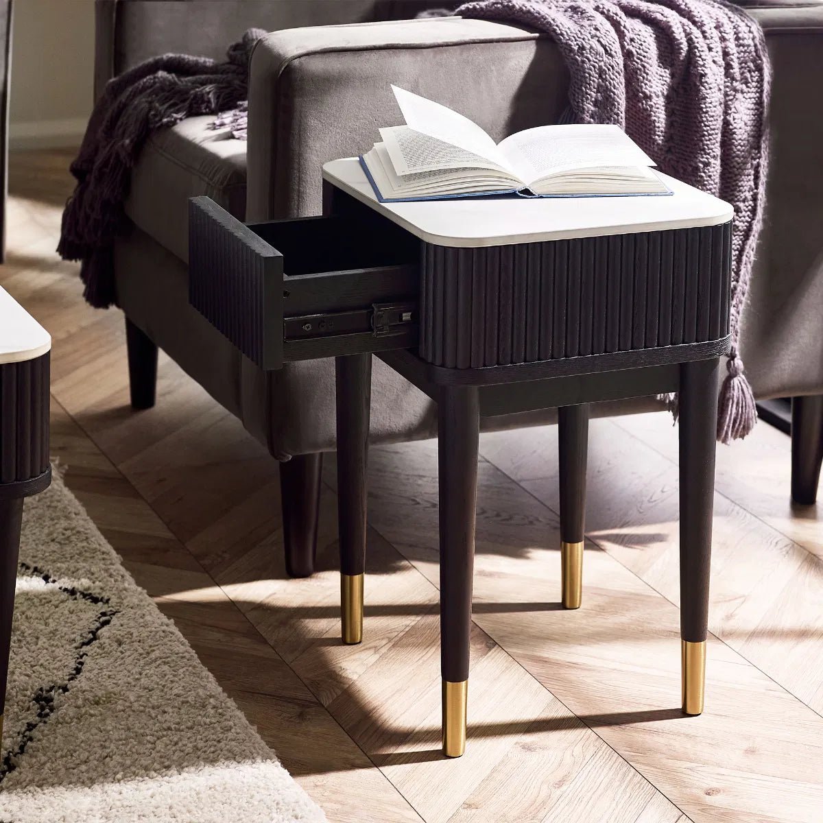 Louis 1 Drawer Fluted Stone Top Lamp Table - Julian Bowen