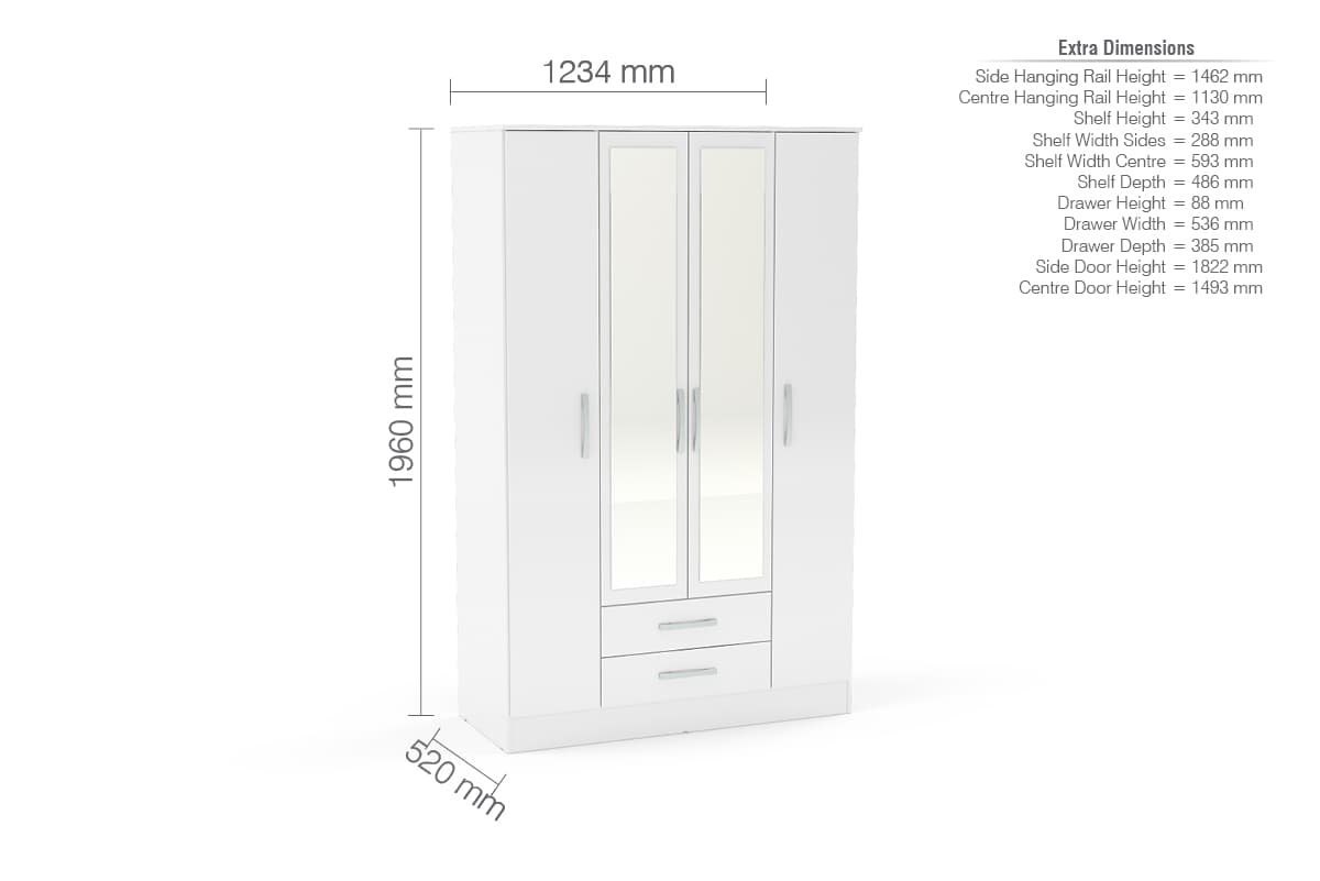 Lynx 4 Door 2 Drawer Mirrored Wardrobe - Birlea