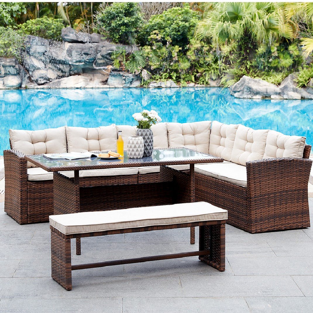 Madeira Rattan 4 Piece Garden Dining Set with Corner Sofa - TGC