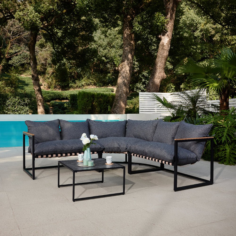 Marbella Corner Garden Sofa with Ivory Cushions and Table - TGC