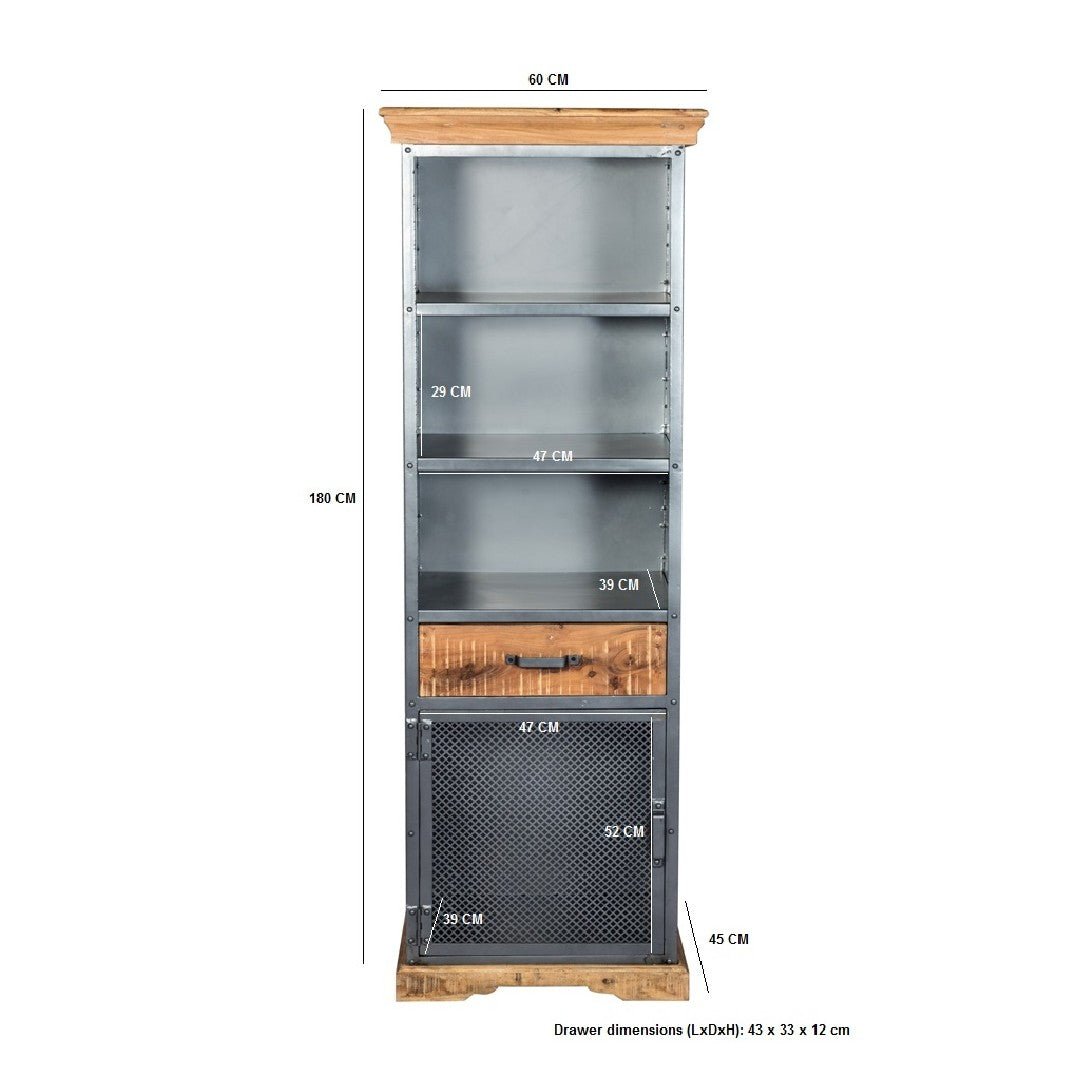 Metropolis Industrial 1 Door 1 Drawer Narrow Bookcase - Indian Hub