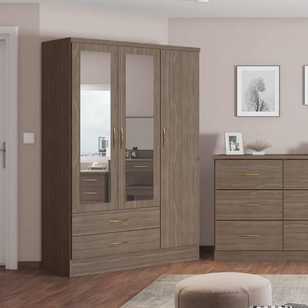 Nevada 3 Door 2 Drawer Mirrored Wardrobe - Seconique