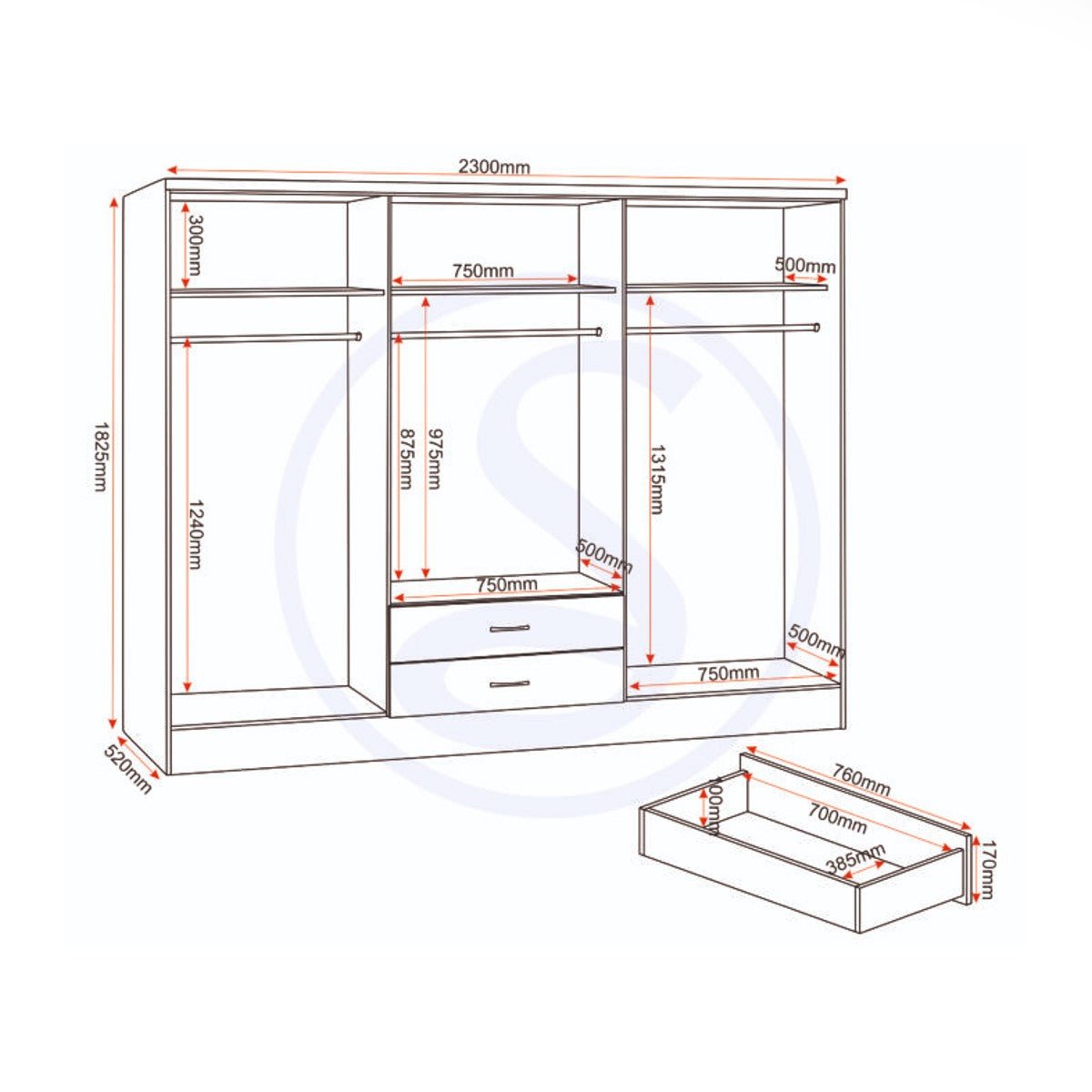 Nevada 6 Door 2 Drawer Mirrored Wardrobe - Seconique
