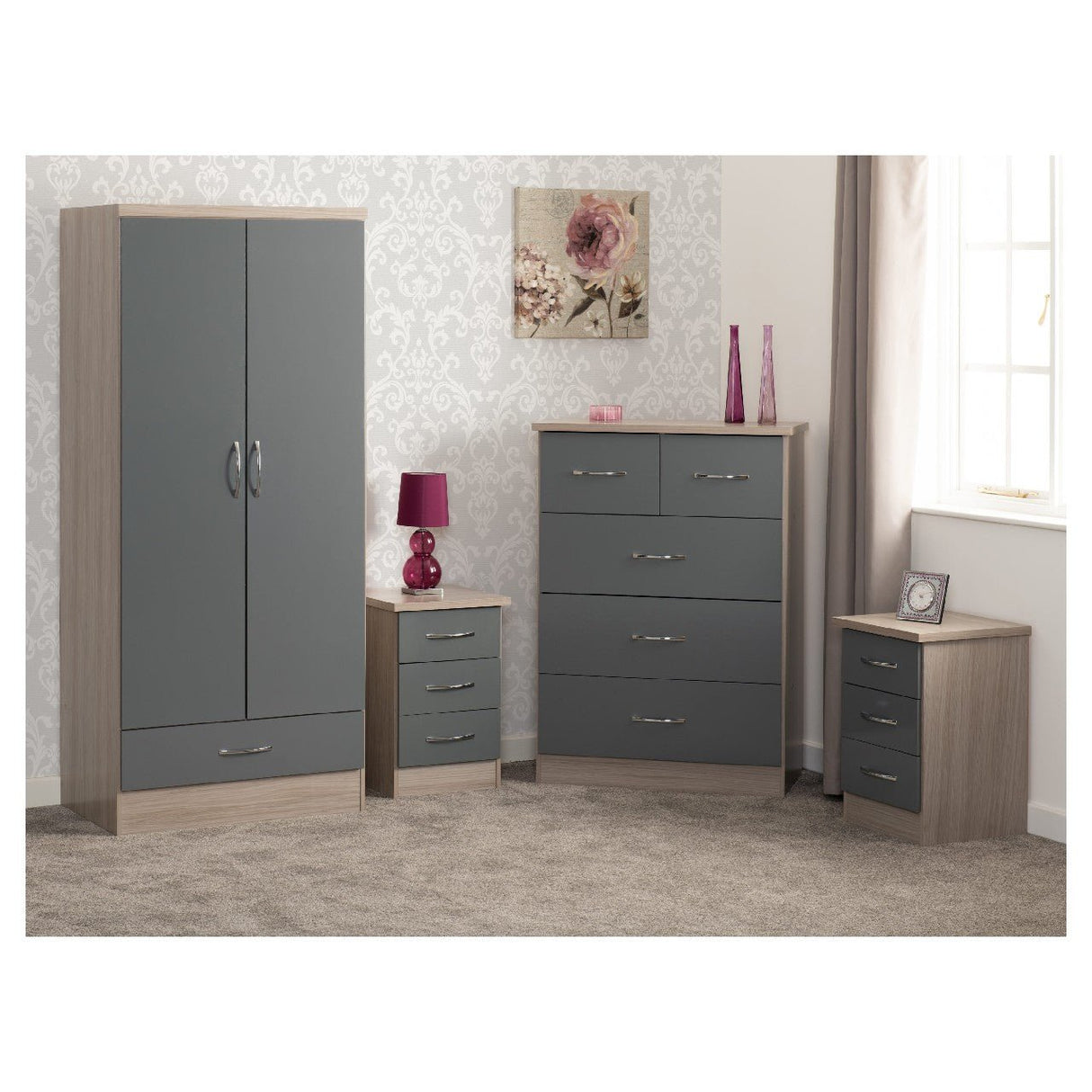 Nevada Nevada 2 Door 1 Drawer Wardrobe Bedroom Set - Seconique