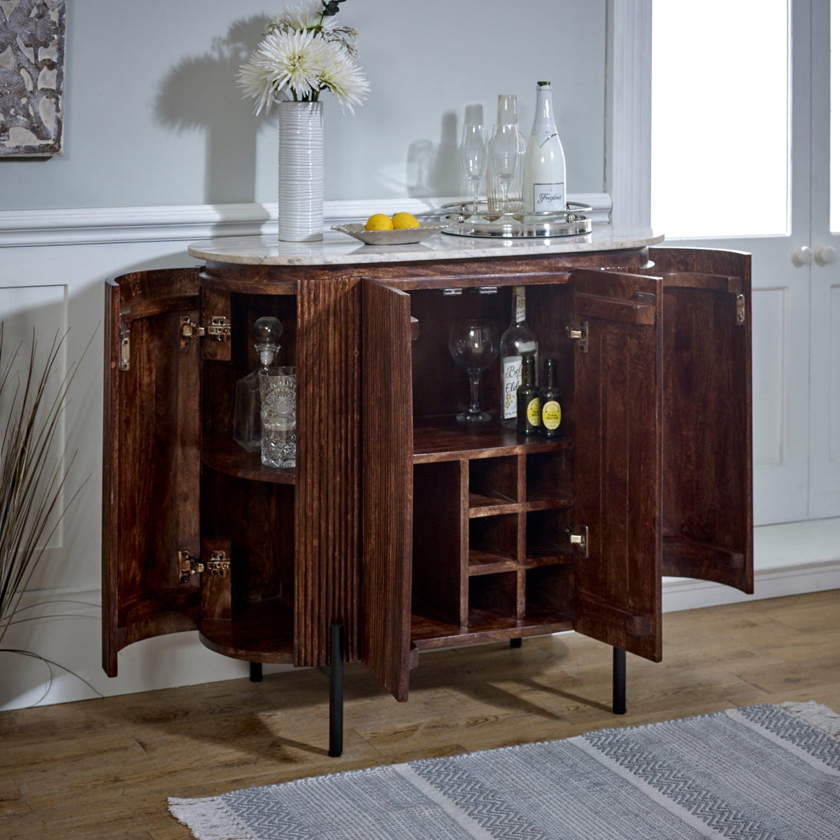 Opal Marble & Mango Wood 4 Door Drinks Cabinet - Indian Hub