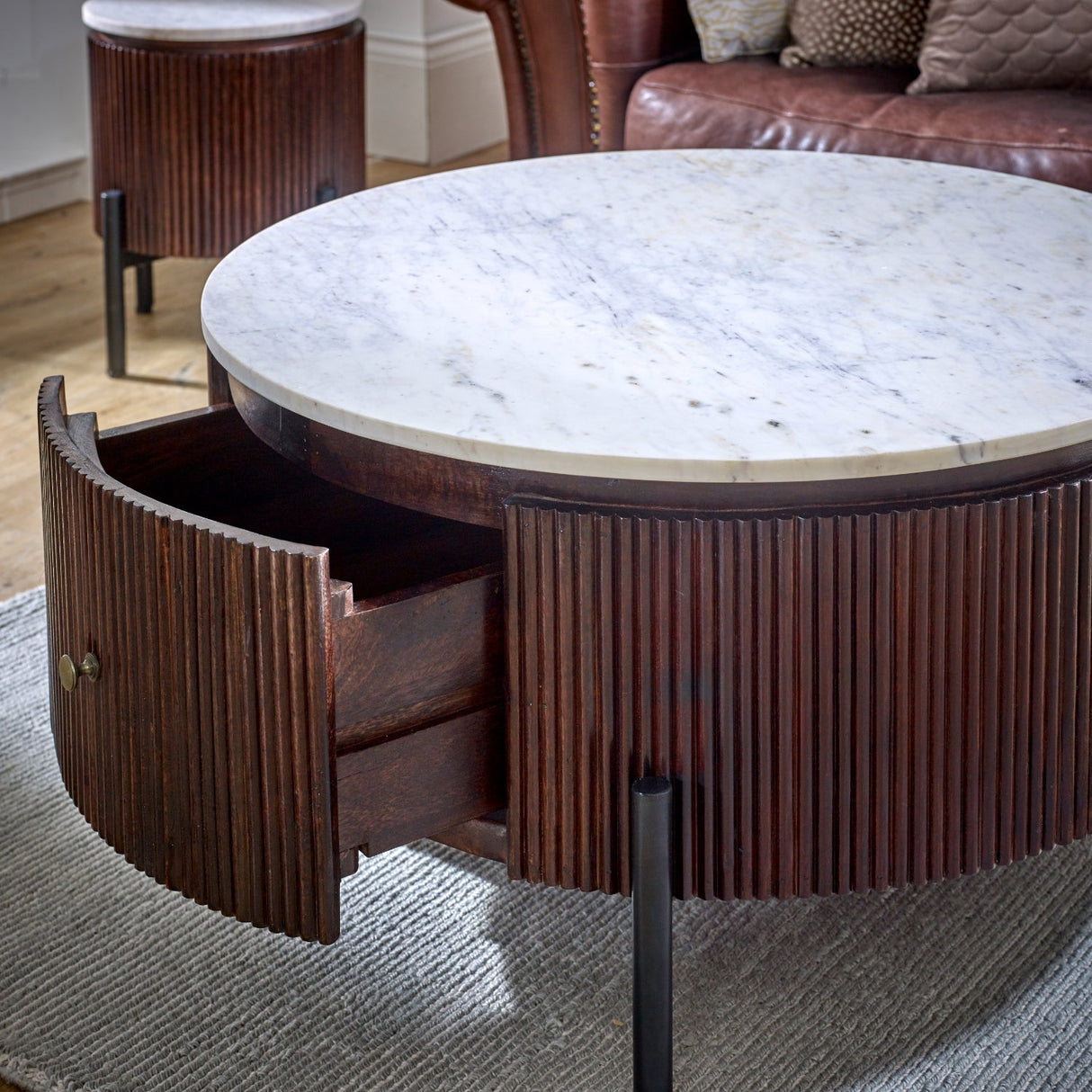 Opal Natural Marble and Mango Wood 1 Drawer Coffee Table - Indian Hub