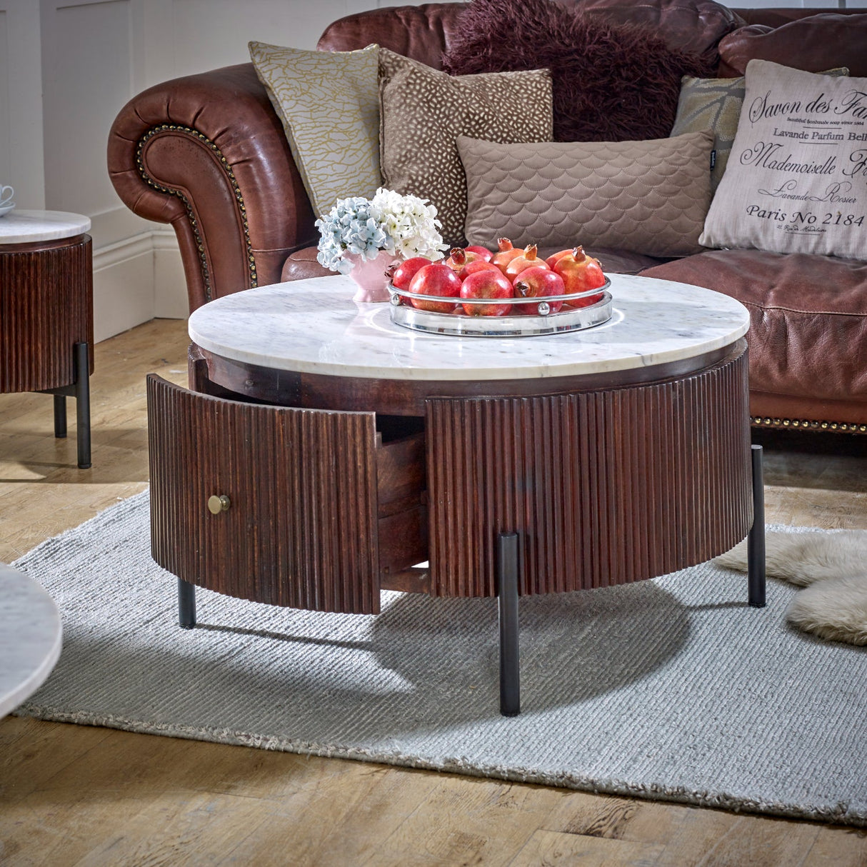 Opal Natural Marble and Mango Wood 1 Drawer Coffee Table - Indian Hub