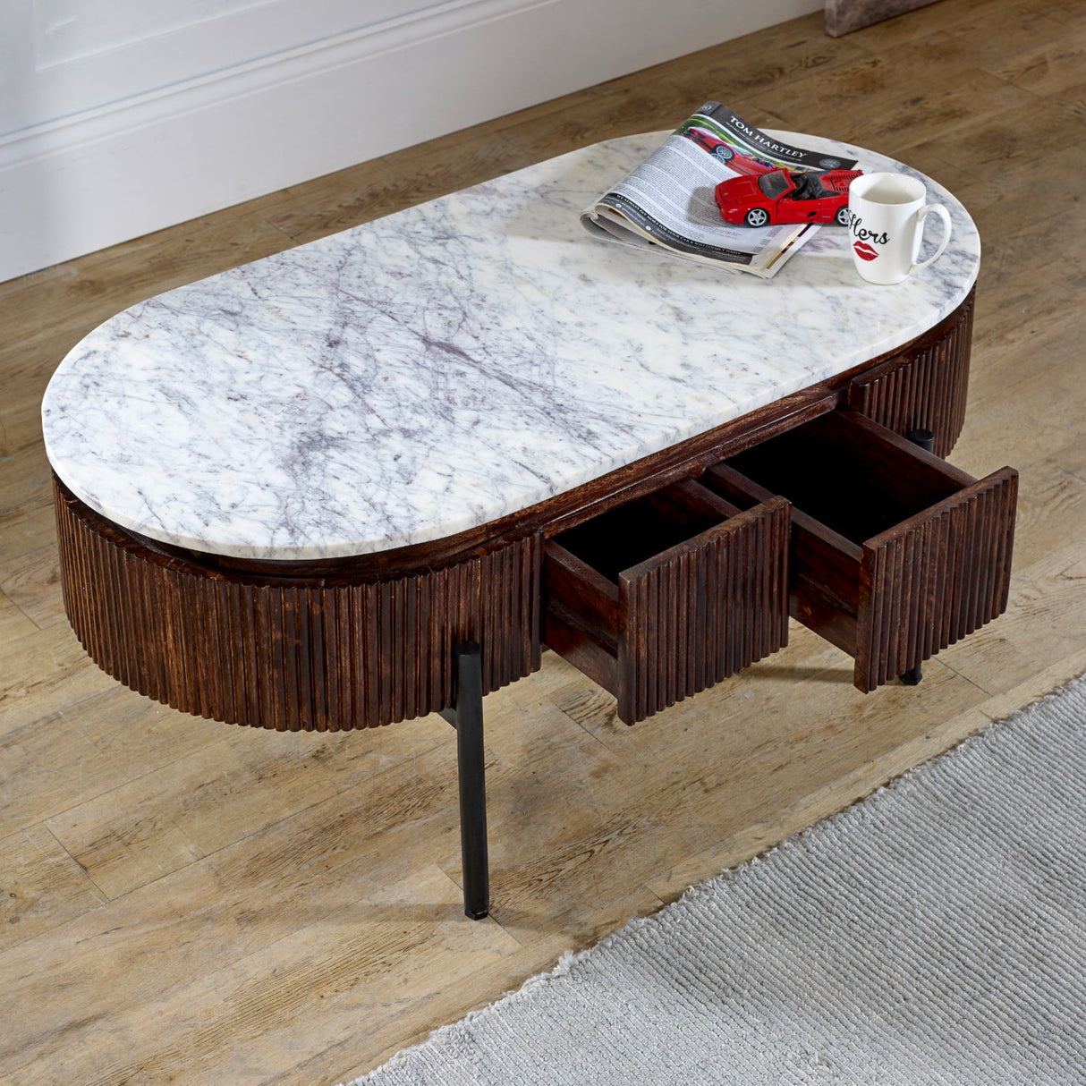 Opal Natural Marble and Mango Wood 2 Drawer Coffee Table - Indian Hub