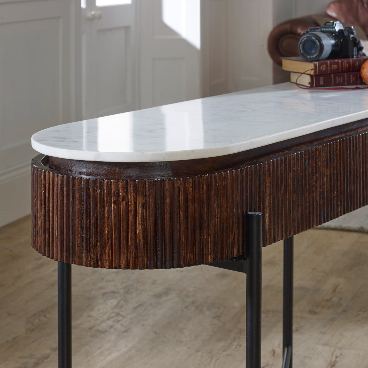 Opal Natural Marble and Mango Wood 2 Drawer Console Table - Indian Hub