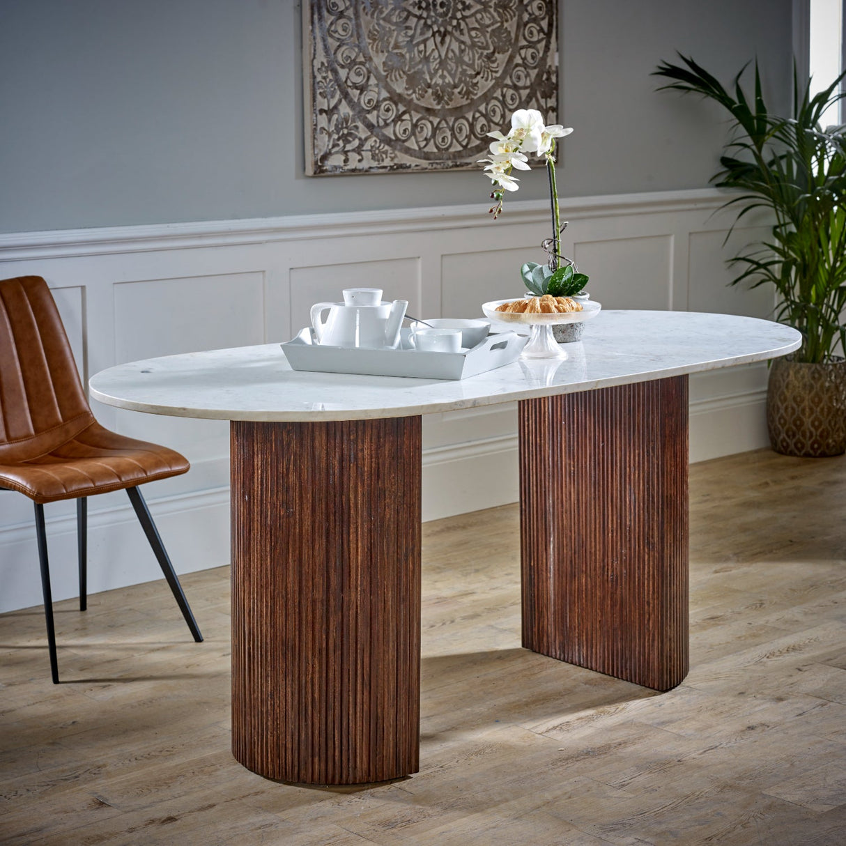 Opal Natural Marble and Mango Wood Dining Table - Indian Hub