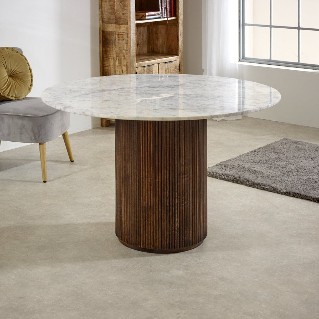 Opal Natural Marble and Mango Wood Round Dining Table - Indian Hub
