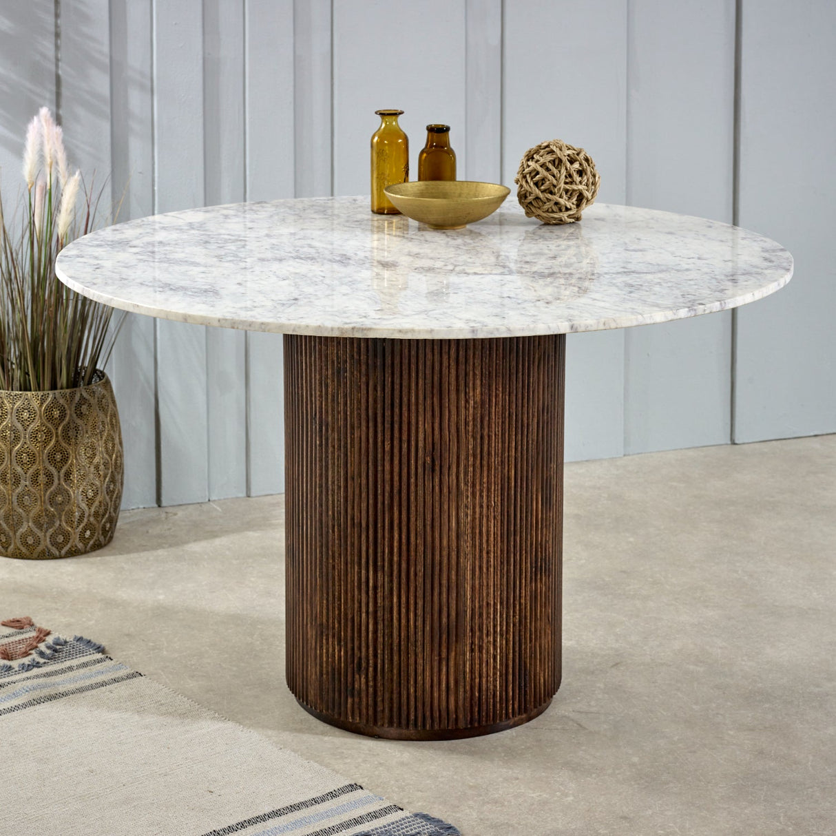 Opal Natural Marble and Mango Wood Round Dining Table - Indian Hub