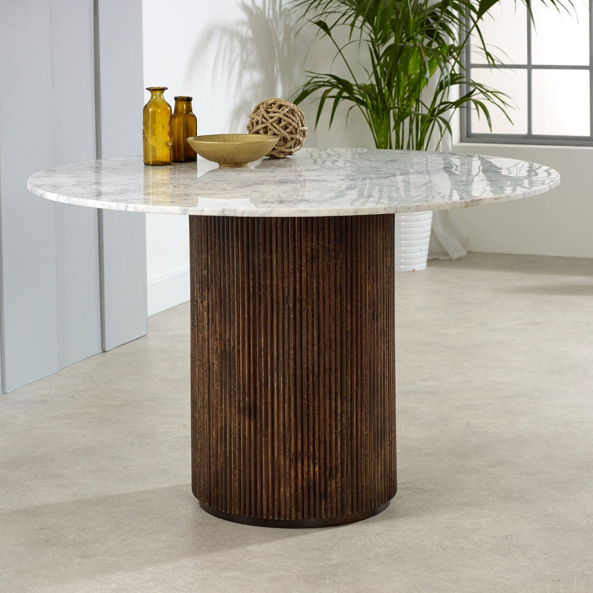 Opal Natural Marble and Mango Wood Round Dining Table - Indian Hub