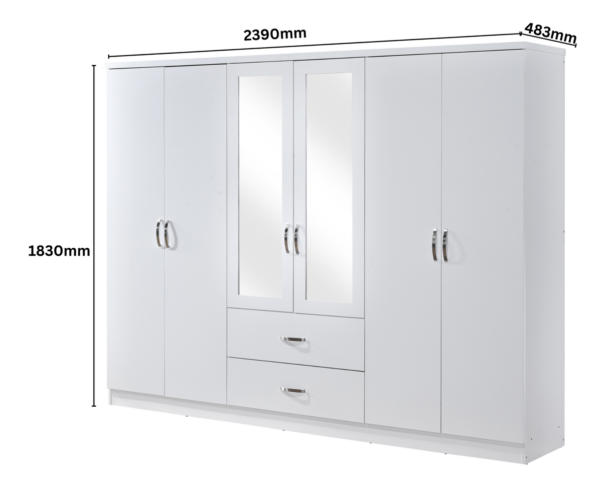 Paddington 6 Door 2 Drawer Mirrored Wardrobe - Swish Furniture