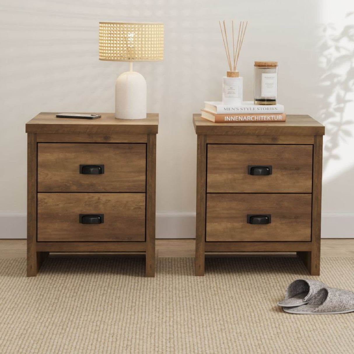 Pair of Boston Knotty Wood Effect 2 Drawer Bedsides - GFW