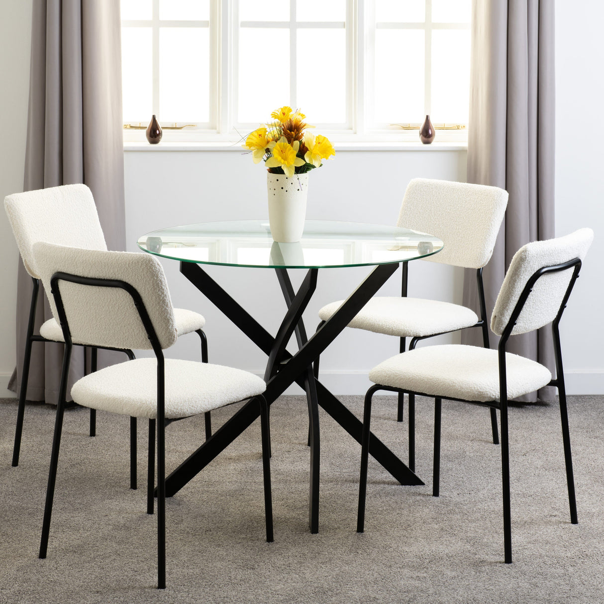 Sheldon Round Glass Dining Set with 4 Boucle Chairs - Seconique