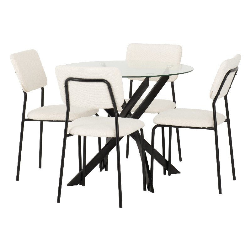Sheldon Round Glass Dining Set with 4 Boucle Chairs - Seconique