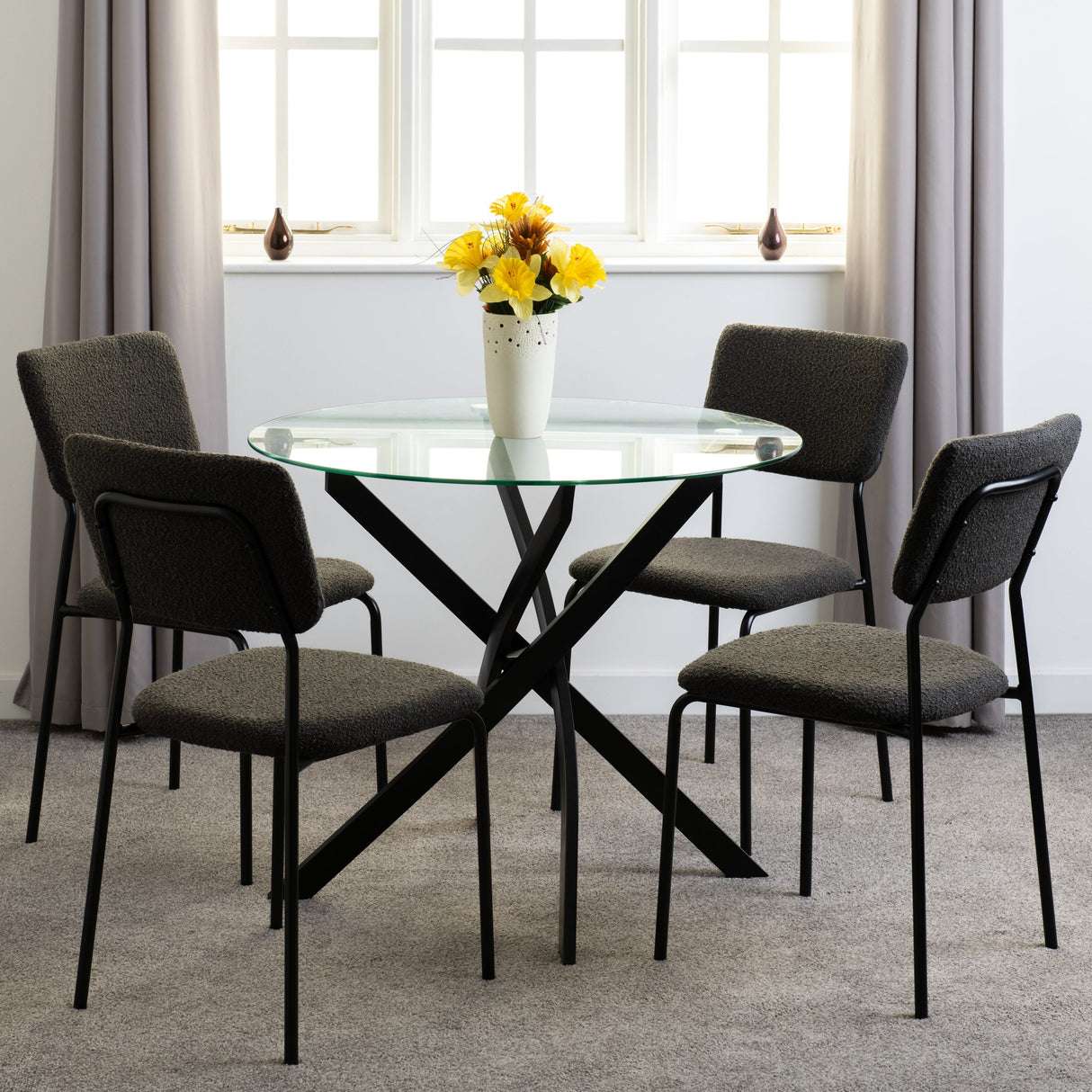 Sheldon Round Glass Dining Set with 4 Boucle Chairs - Seconique