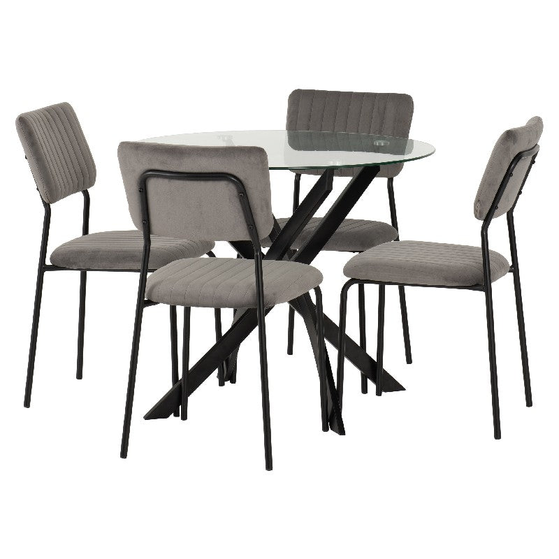 Sheldon Round Glass Dining Set with 4 Velvet Chairs - Seconique