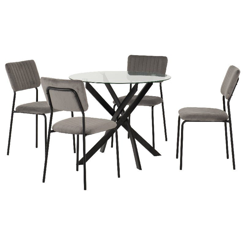 Sheldon Round Glass Dining Set with 4 Velvet Chairs - Seconique