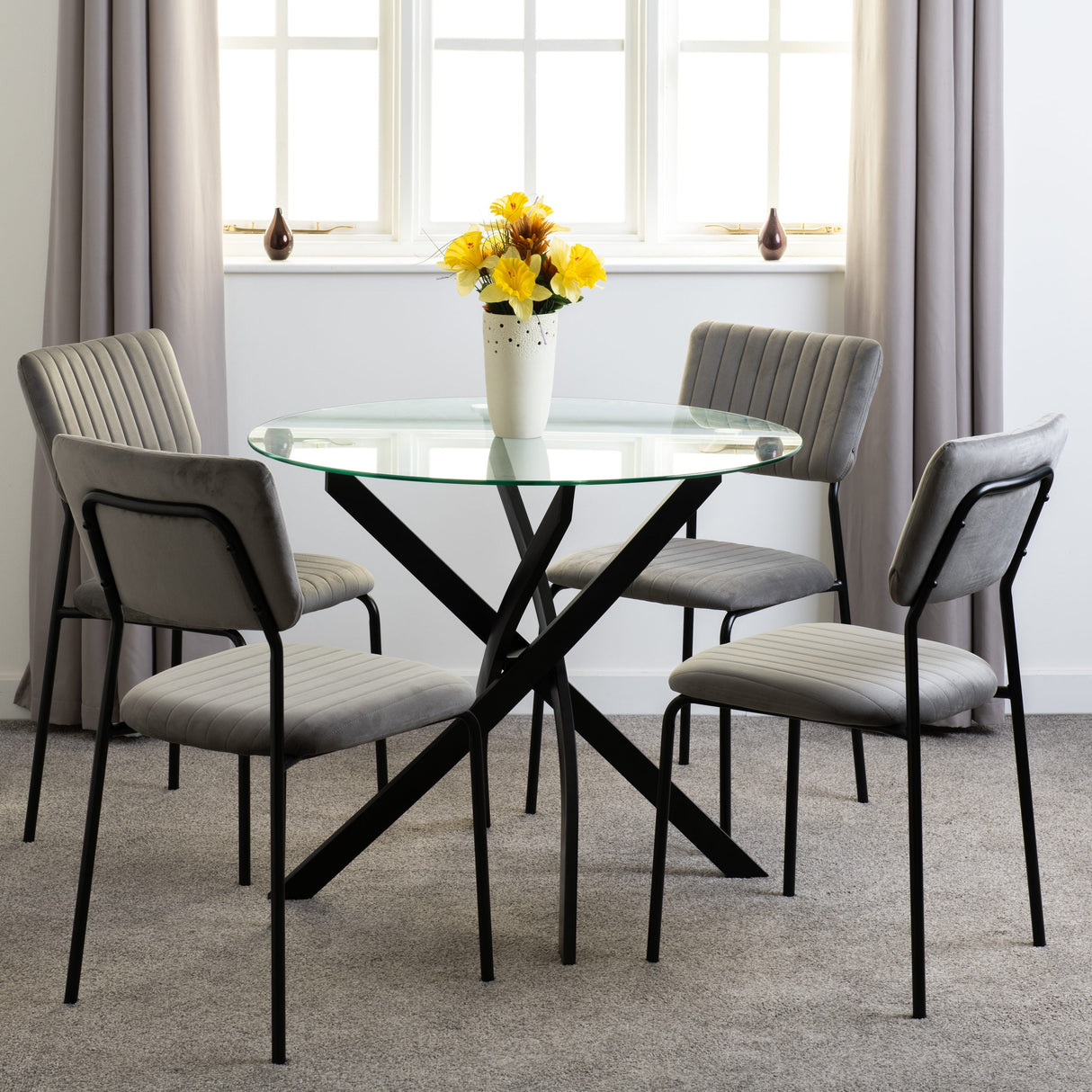 Sheldon Round Glass Dining Set with 4 Velvet Chairs - Seconique