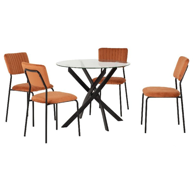 Sheldon Round Glass Dining Set with 4 Velvet Chairs - Seconique