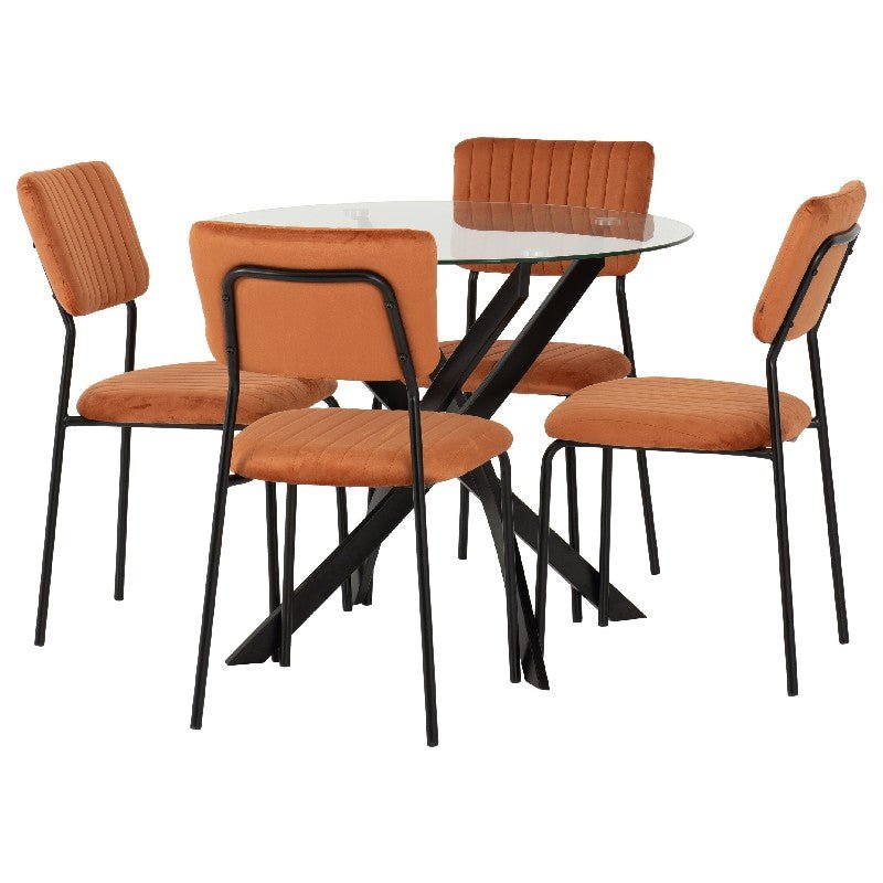 Sheldon Round Glass Dining Set with 4 Velvet Chairs - Seconique