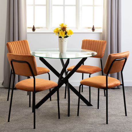 Sheldon Round Glass Dining Set with 4 Velvet Chairs - Seconique