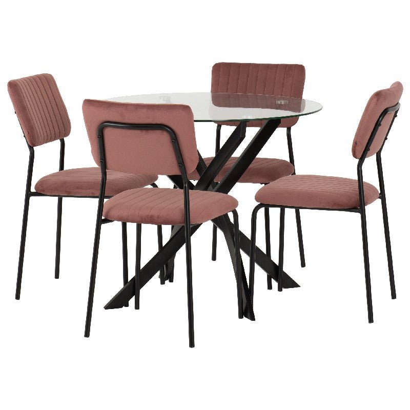 Sheldon Round Glass Dining Set with 4 Velvet Chairs - Seconique