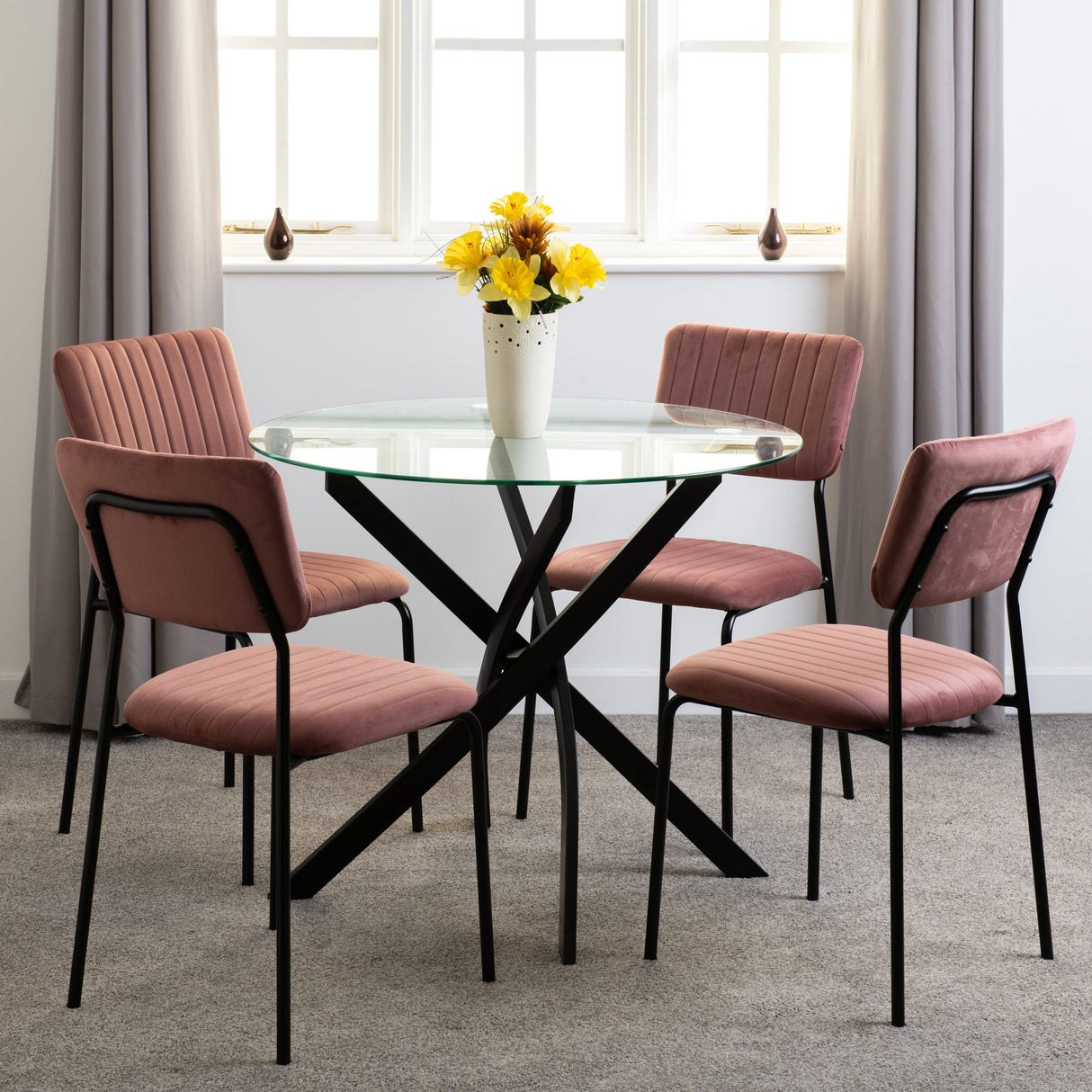 Sheldon Round Glass Dining Set with 4 Velvet Chairs - Seconique