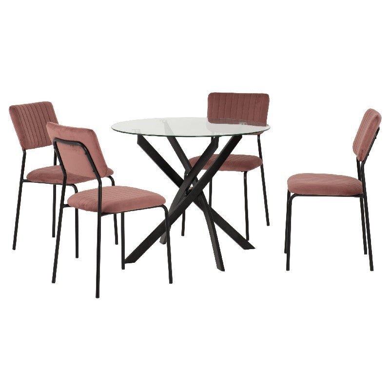 Sheldon Round Glass Dining Set with 4 Velvet Chairs - Seconique