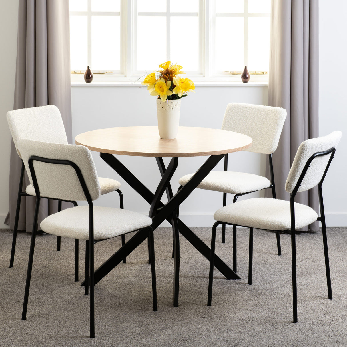 Sheldon Round Wooden Dining Set with 4 Boucle Chairs - Seconique