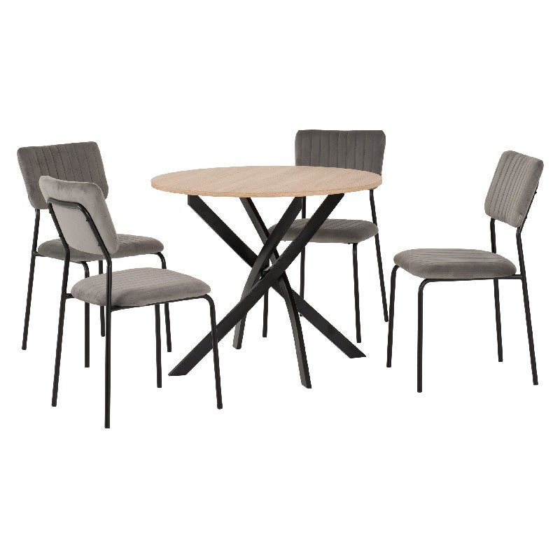 Sheldon Round Wooden Dining Set with 4 Velvet Chairs - Seconique